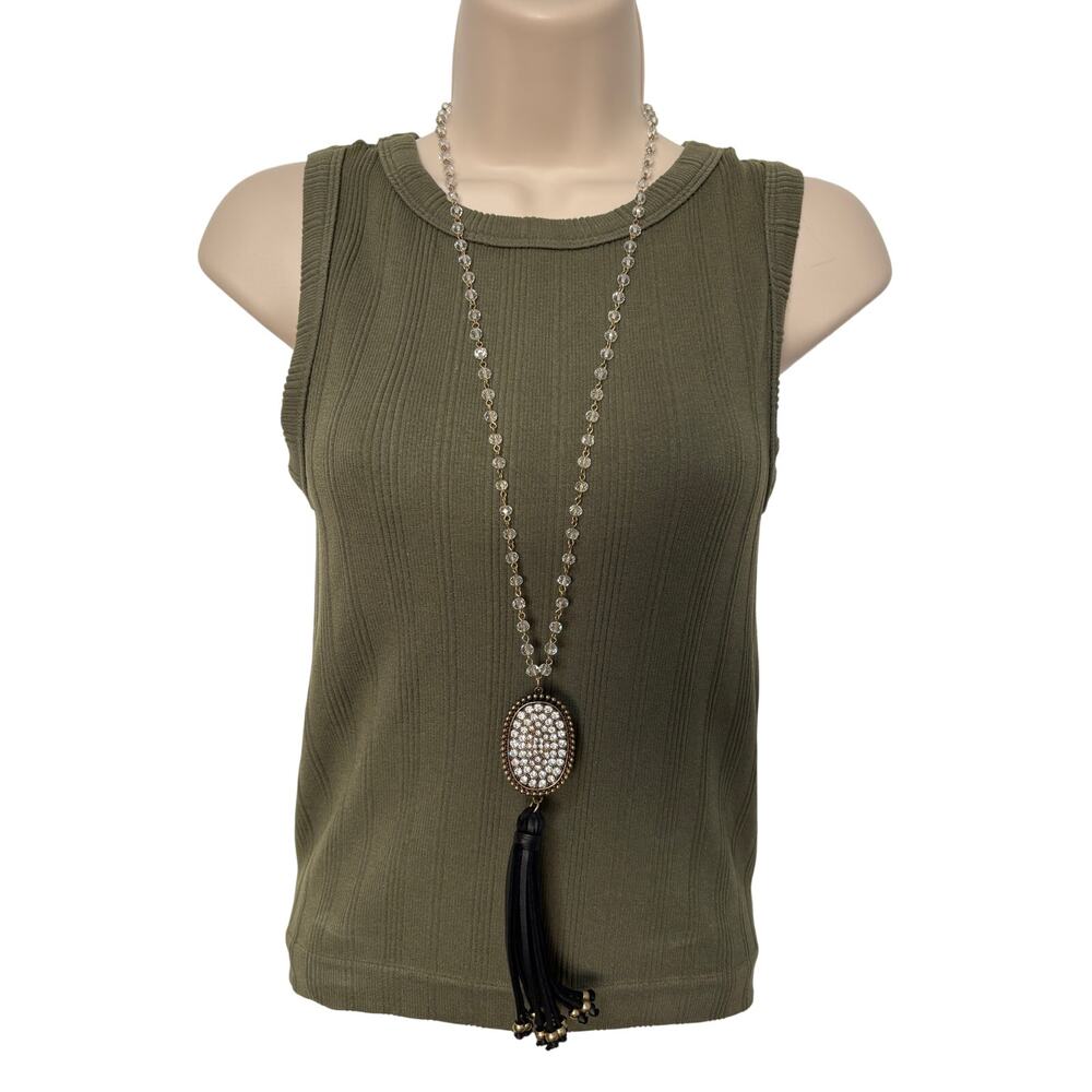 Women's Clear Beaded Pendant‎ Black Leather Tassel Necklace Western Statement